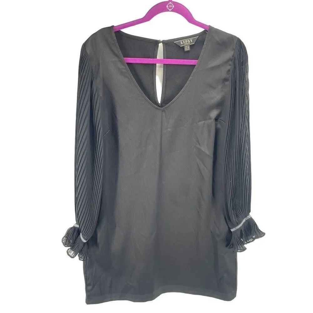 Lipsy Womens V Neck Dress Pleated Long Sleeve Keyhole Button Back Black 10